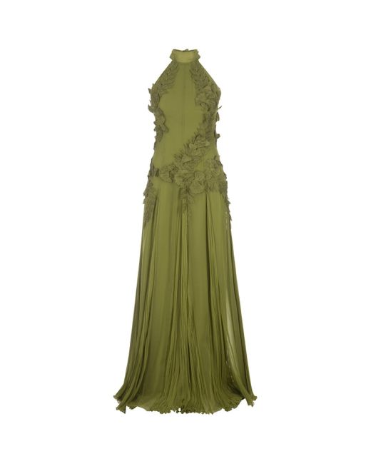 Alberta Ferretti Green Long Chiffon Dress With Flowers And Remage Embroidery