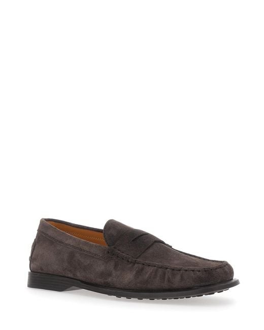 Tod's Brown Loafers With Pennyslot Suede Calf Leather for men
