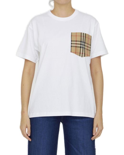 Burberry White Crewneck T-Shirt With Check Pocket