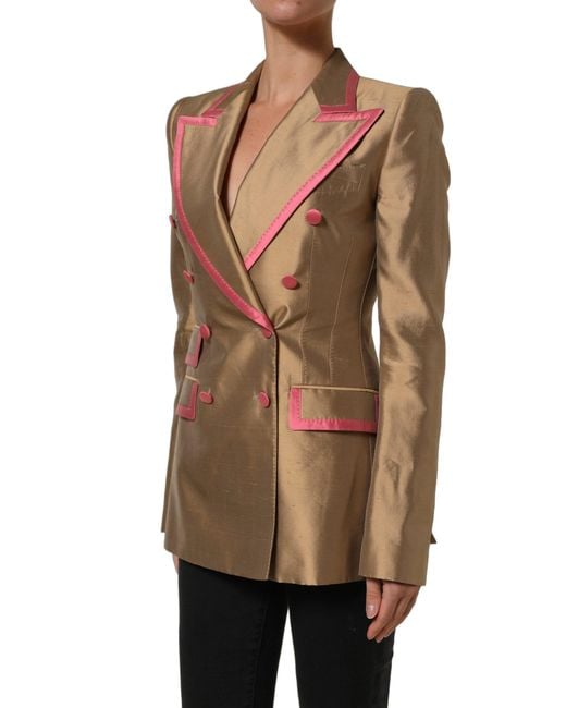 Dolce & Gabbana Natural Gold Silk Double Breasted Coat Blazer Jacket