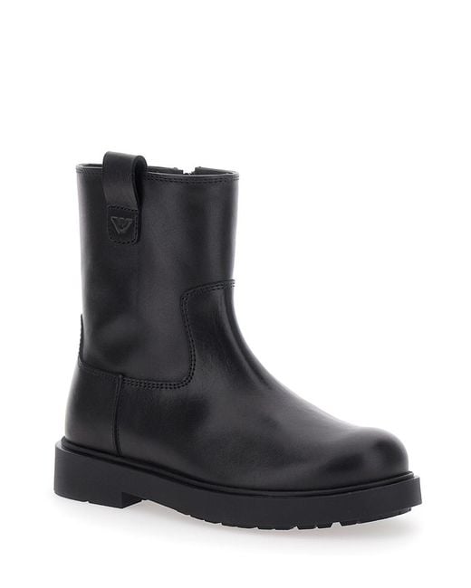 Emporio Armani Black Leather Boots With Logo Patch Calf for men