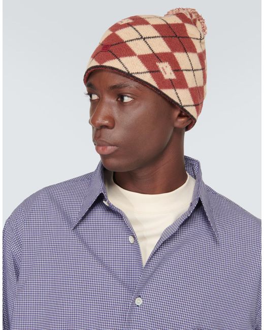 Acne Red Argyle Face Wool Blend Beanie for men