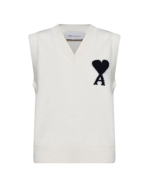 AMI White Knit Vest Ami De Cœur Merino Wool Knitwear
