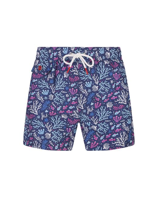 Kiton Blue Swim Shorts With Fish And Coral Pattern for men