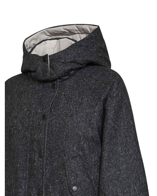 Brunello Cucinelli Black Donegal Hooded Down Jacket With Shiny Zipper Pull
