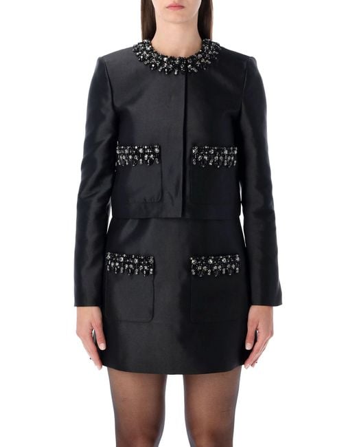 Self-Portrait Black Taffeta Embellished Trim Jacket
