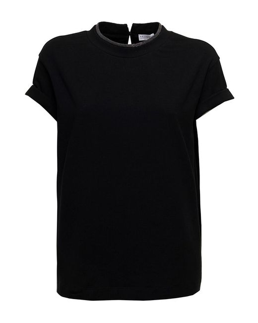 Brunello Cucinelli Black Cotton T-Shirt With Monile Crew Neck