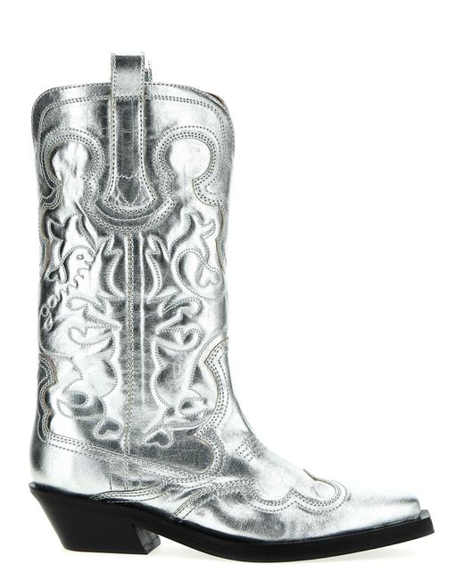 Ganni White Mid Shaft Embroidered Western Boots, Ankle Boots
