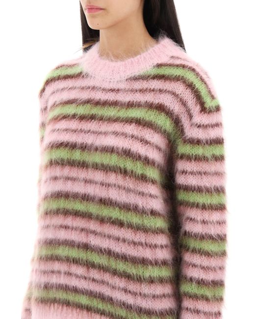 Marni Pink Sweater In Brushed Mohair With Striped Motif