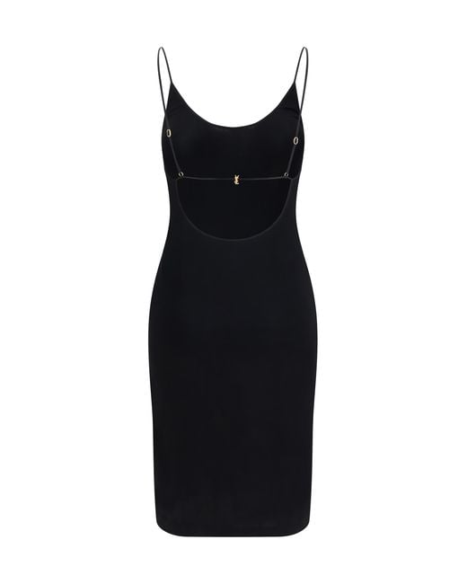 Saint Laurent Blue Dress Cassandre Open-Back Ribbed-Knit Viscose