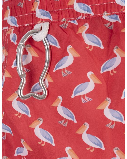 Fedeli Red Swim Shorts With Pelican Pattern for men