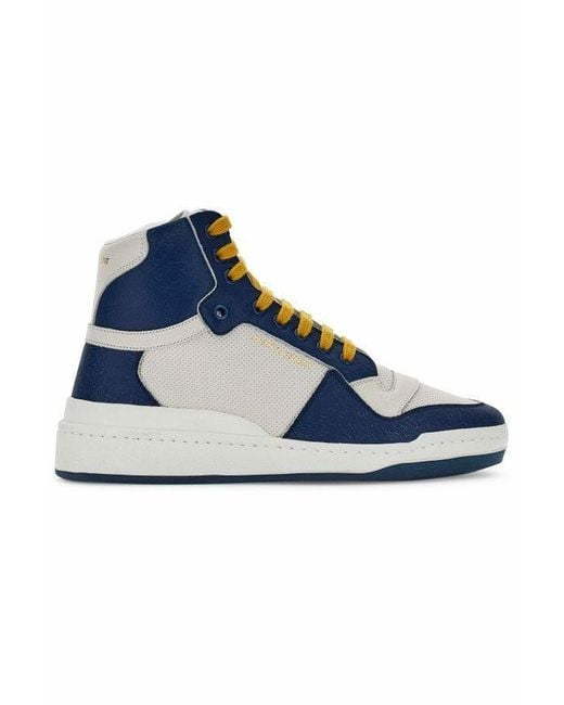 Saint Laurent Blue Calf Leather Mid Top Sneakers for men