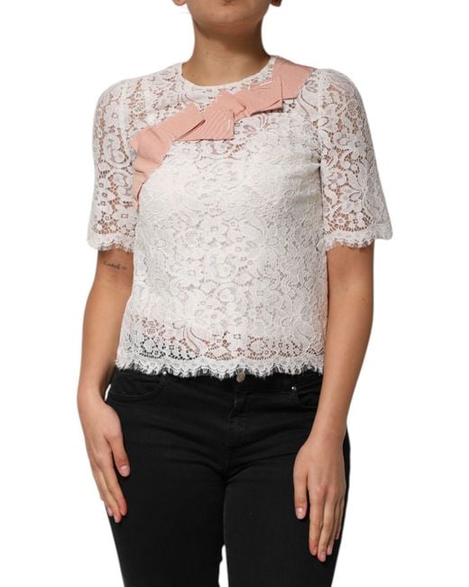 Dolce & Gabbana White Floral Lace Short Sleeves Blouse Top