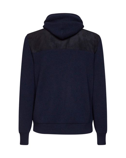 Brunello Cucinelli Blue Hooded Jacket Suede And Knit for men