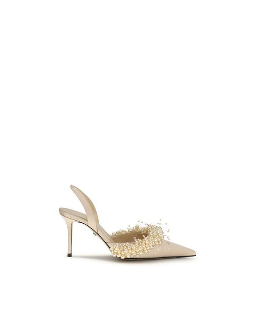 Mach & Mach Metallic Beige Silk High Heel Pumps