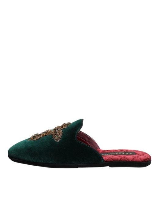 Dolce & Gabbana Green Velvet Cross Embellished Slippers Shoes for men