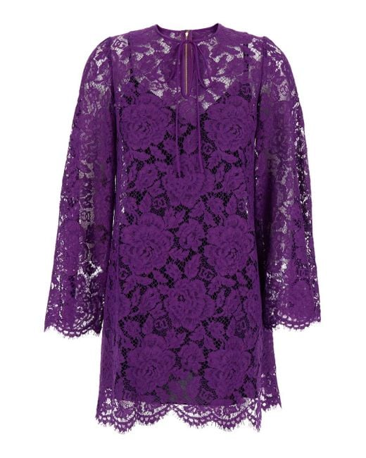 Dolce & Gabbana Purple Dress With Round Neck And All-Over Floral Embroidery