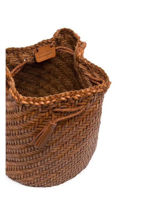 Dragon Diffusion Pompom Double Jump Camel Brown Bucket Bag With Shoulder Strap In Hand-woven Leather