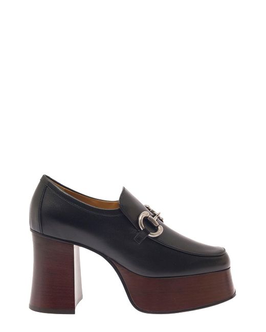 Gucci Black Platform Loafers With Horsebit And Block Flared Heel In Leather