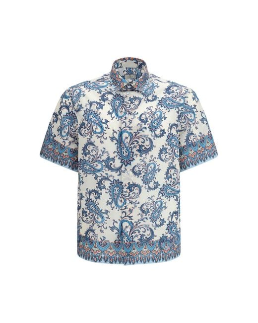 Etro Blue Cotton Shirt With Floral And Paisley Motif for men