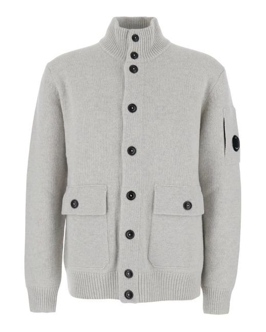 C P Company Gray Cardigan With High Neck And Logo Plaque On The Sleeve for men
