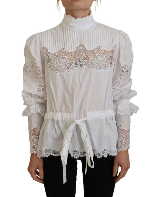 Dolce & Gabbana Gray Elegant Lace Trim Cotton Blouse