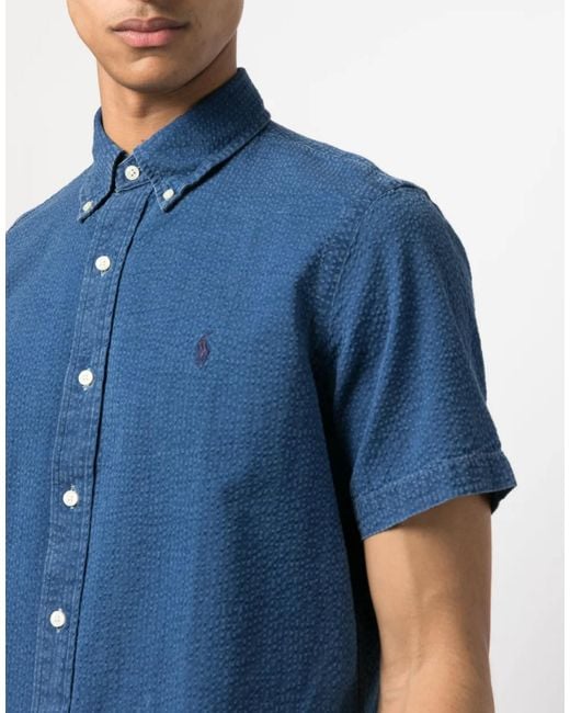 Polo Ralph Lauren Blue Seersucker Logo Short Sleeve Shirt Clothing Polo & T-Shirts for men