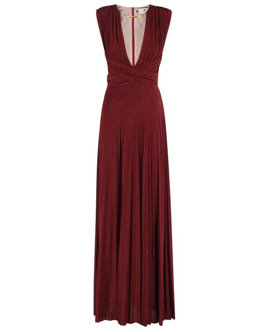 Elisabetta Franchi Red Bordeaux Maxi Dress With Vintage V-Neckline