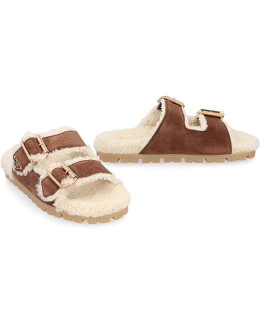 Prada Brown Suede Slippers With Metallic Logo Calf Sandal