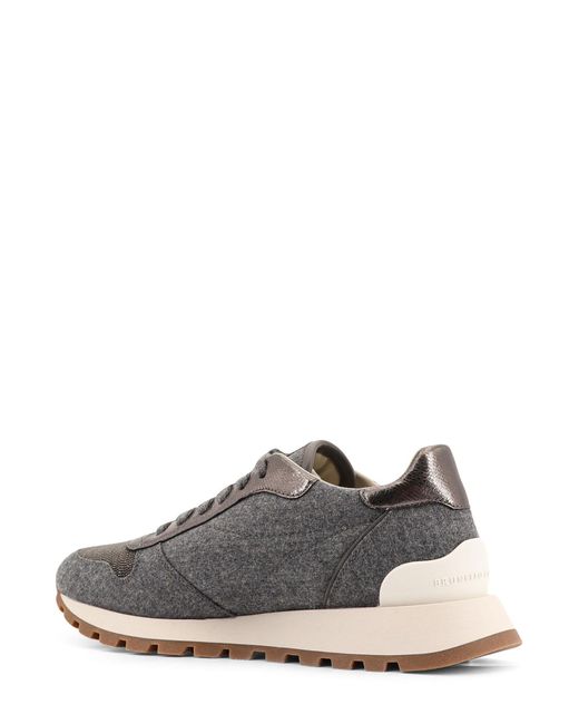 Brunello Cucinelli White Low-Top Wool Flannel Sneakers With Leather Profiles