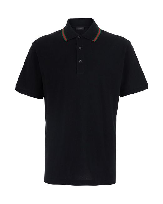 Gucci Black Polo Shirt Web Collar Cotton T-Shirts for men