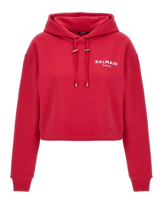Balmain Red Flocked Logo Cropped Hoodie Sweatshirt