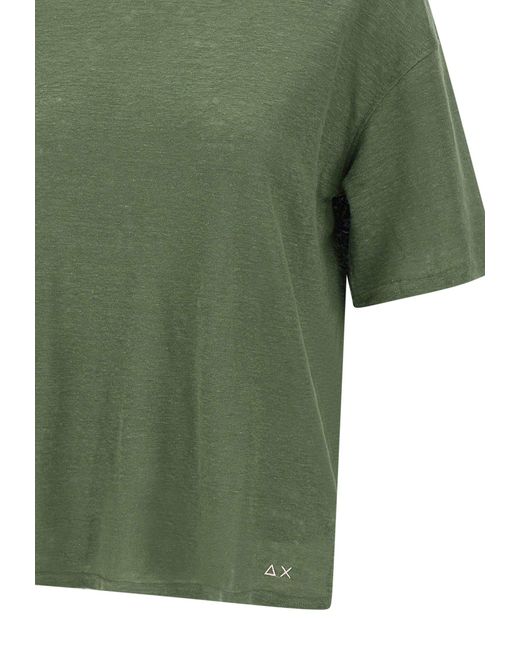 Sun 68 Green Round Neck Linen T-Shirt