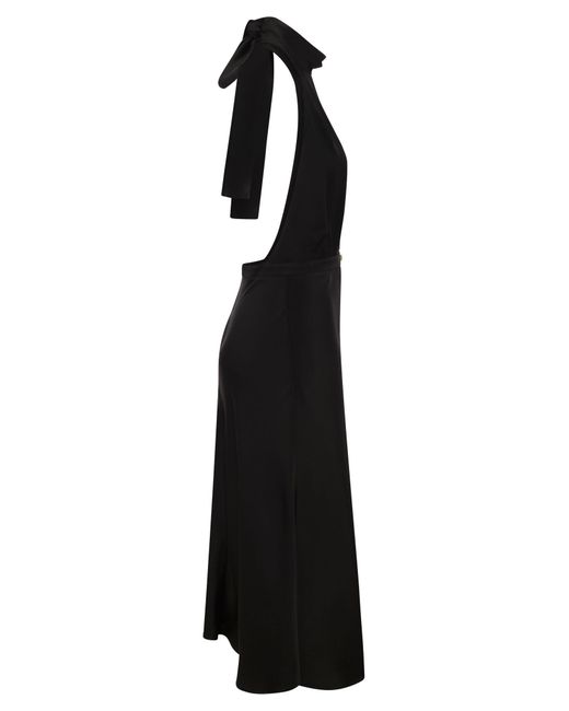 Elisabetta Franchi Black Satin Midi Dress With Asymmetric Skirt