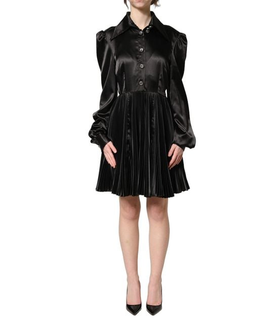 Dolce & Gabbana Black Satin Long Puff Sleeves Pleated Dress Elastane Polyester