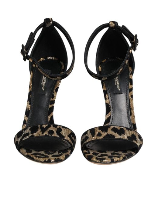 Dolce & Gabbana Black Gold Leopard Ankle Strap Heels Sandals Shoes