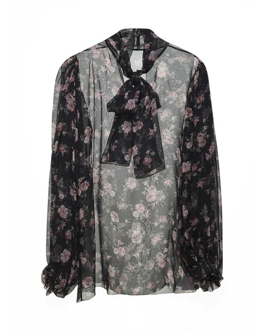Dolce & Gabbana Black Chiffon Top Vintage Rose Print Silk Dress