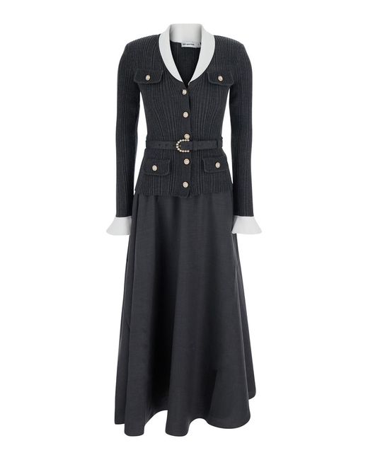 Self-Portrait Black Long Dress With V-Neck Tech Fabric And Cotton