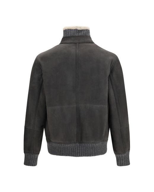 Brunello Cucinelli Gray Shearling Jacket With Zip And High Neck Acciaio Pelo Ecru' Merino Wool Ovis Aries for men