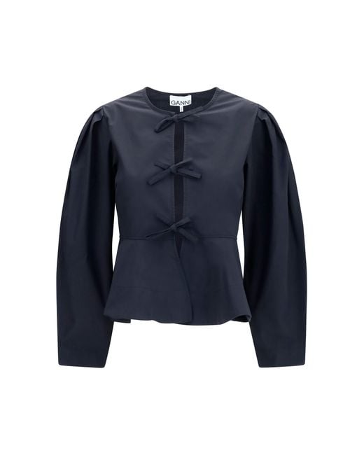 Ganni Blue Cotton Poplin Blouse With Bows Shirt