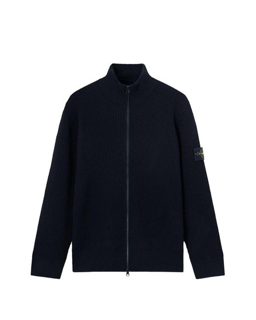 Stone Island Blue Ribbed Rws Wool Zip-Up Cardigan With Logo Badge for men