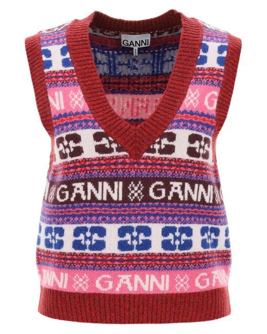 Ganni Red Jacquard Wool Vest With Logo Pattern