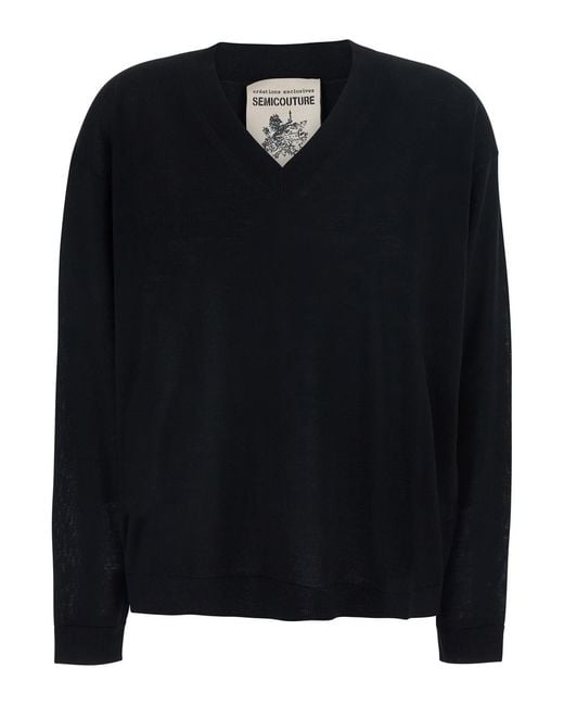 Semicouture Black V-Neck Wool Sweater Jade Virgin Tops