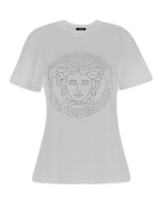 Versace Gray Medusa Head Embellished Crewneck T-Shirt