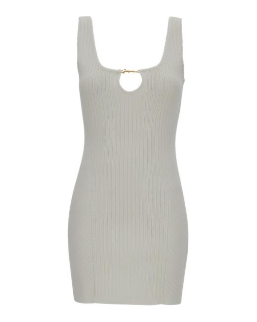 Jacquemus Gray 'la Mini Robe Sierra' Mini White Dress With Cut-out And Logo In Ribbed Viscose Blend Woman