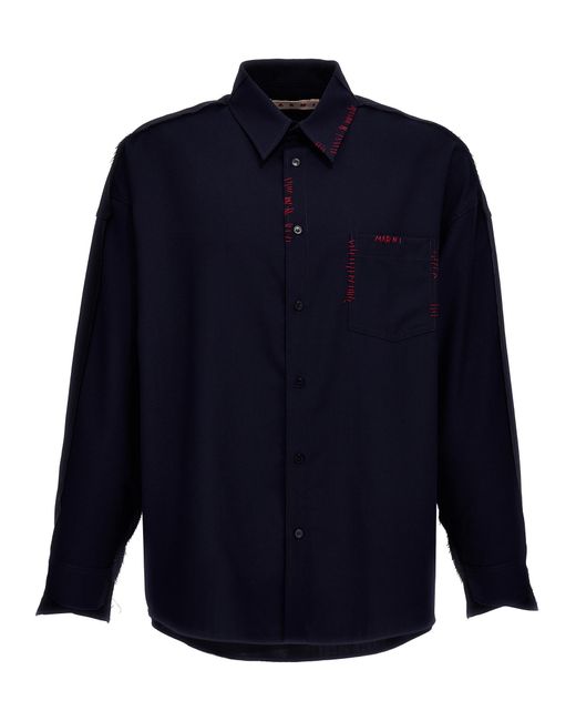 Marni Blue Cool Wool Shirt With Contrast Stitching Sweater, Cardigans for men
