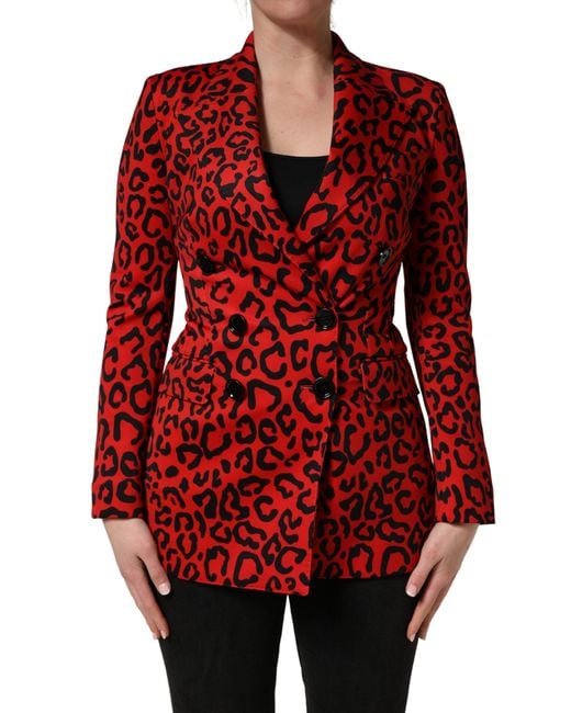 Dolce & Gabbana Red Leopard Double Breasted Coat Jacket Polyester Elastane Clothing