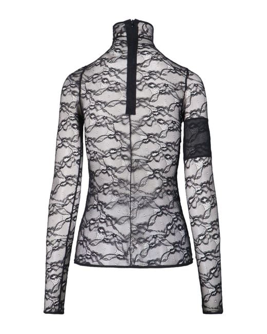Courreges Gray Intricately Designed Sheer Lace Top With High Neckline