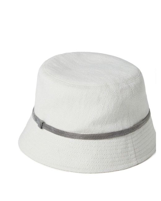 Brunello Cucinelli White Linen And Cotton Bucket Hat With Shiny Details
