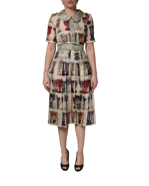 Dolce & Gabbana Natural Vintage Glassware Midi Dress Silk Cotton Nylon Elastane